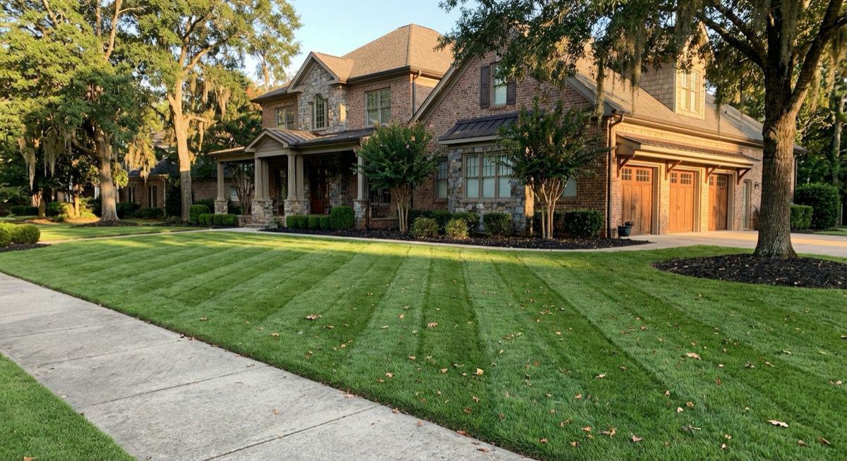 Lawn after treatment — thick, green, striped turf
